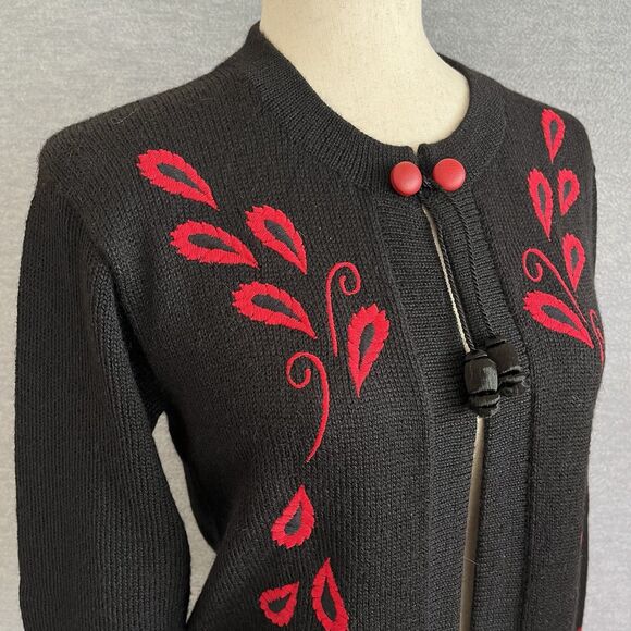 Bolivia Alpaca Wool Boho Open Cardigan Sweater Size S Black Red Artsy Embroidery - Picture 3 of 15